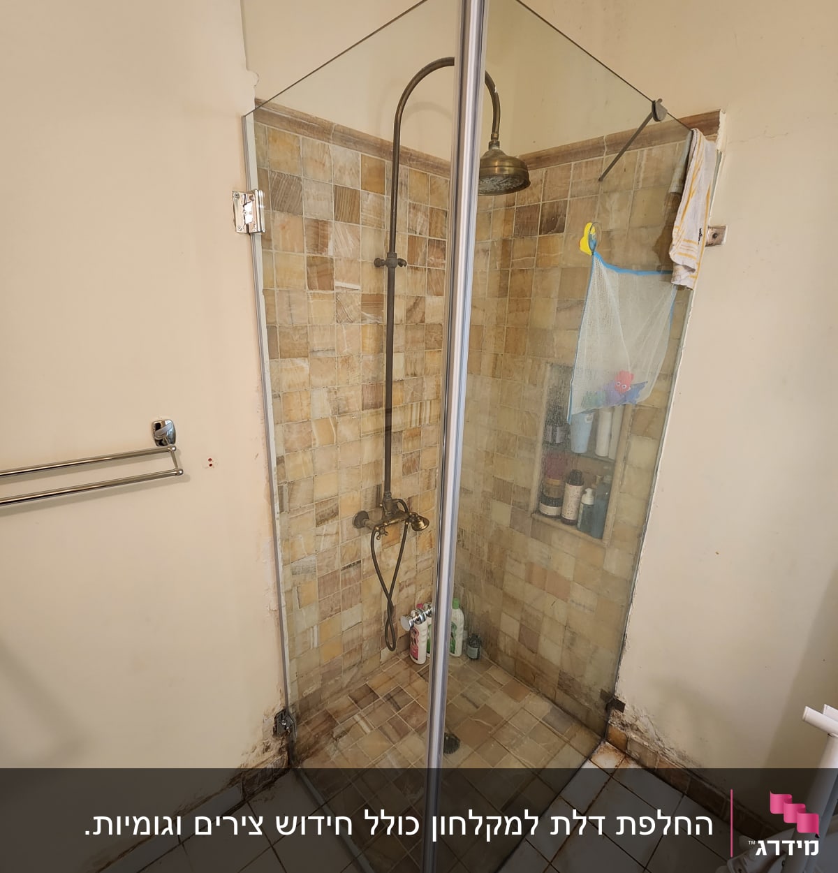 מקלחון זכוכית עם ראש מקלחת ומוצרי טיפוח